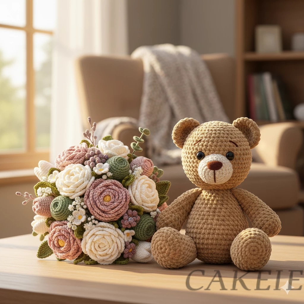 Crochet Rose + Teddy Bear Combo